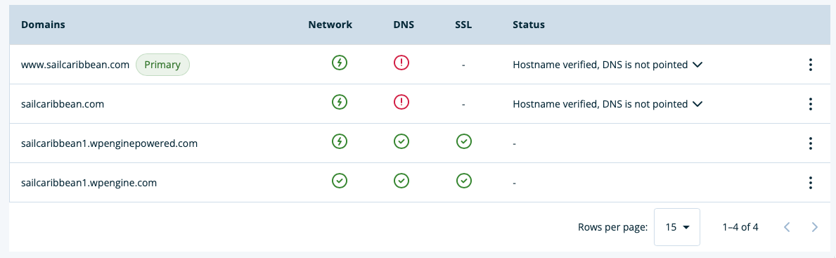 Screenshot of WP Engine domain validation status